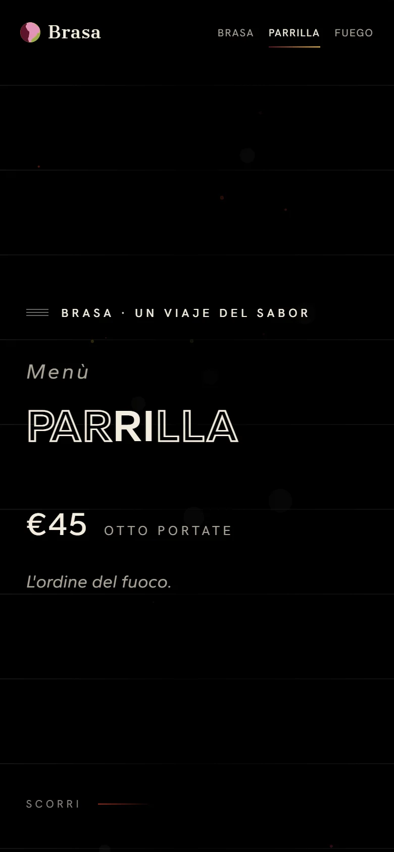 Apertura del menù Parrilla: nome grande, prezzo e numero di portate