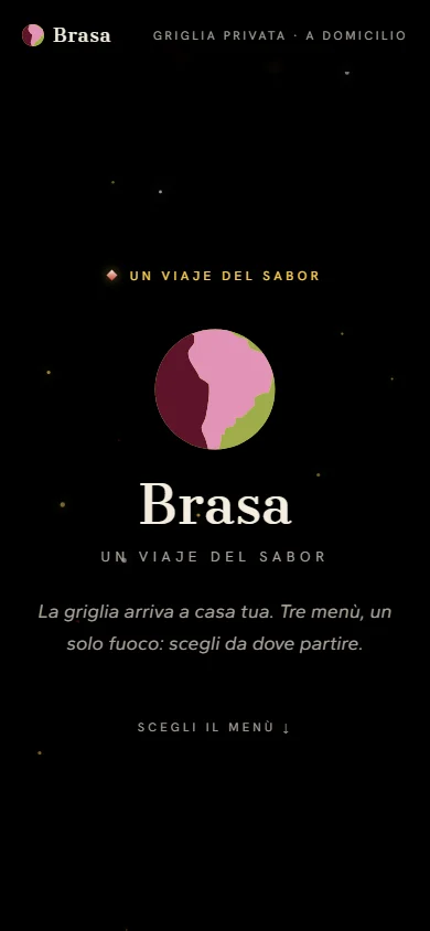Landing di Brasa: il selettore che porta ai tre menù, marchio col Sud America su fondo scuro