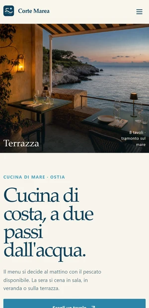 Apertura del sito: cucina di costa a due passi dall'acqua, con le due scelte menù e tavolo