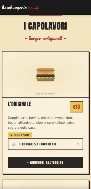 Menù della demo: i burger con foto, prezzo e descrizione