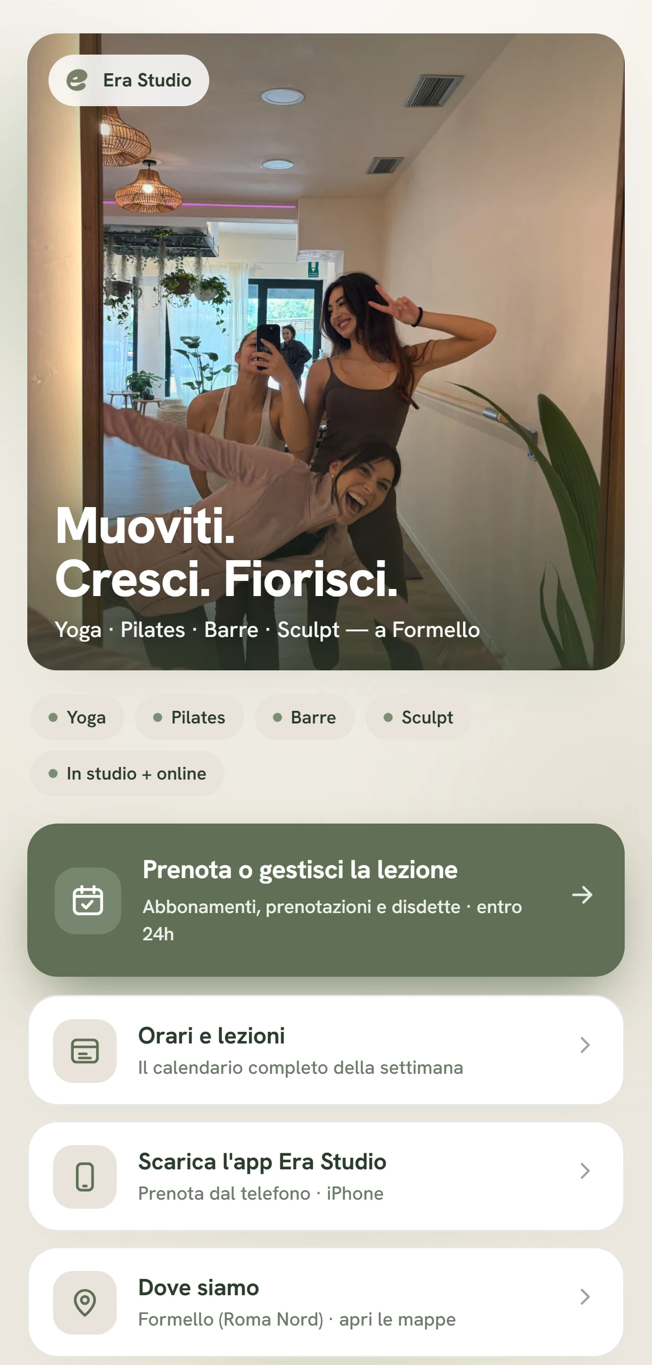 L'hub in bio di Era Studio dal telefono: prenota, orari, app, mappe, WhatsApp e le regole dello studio