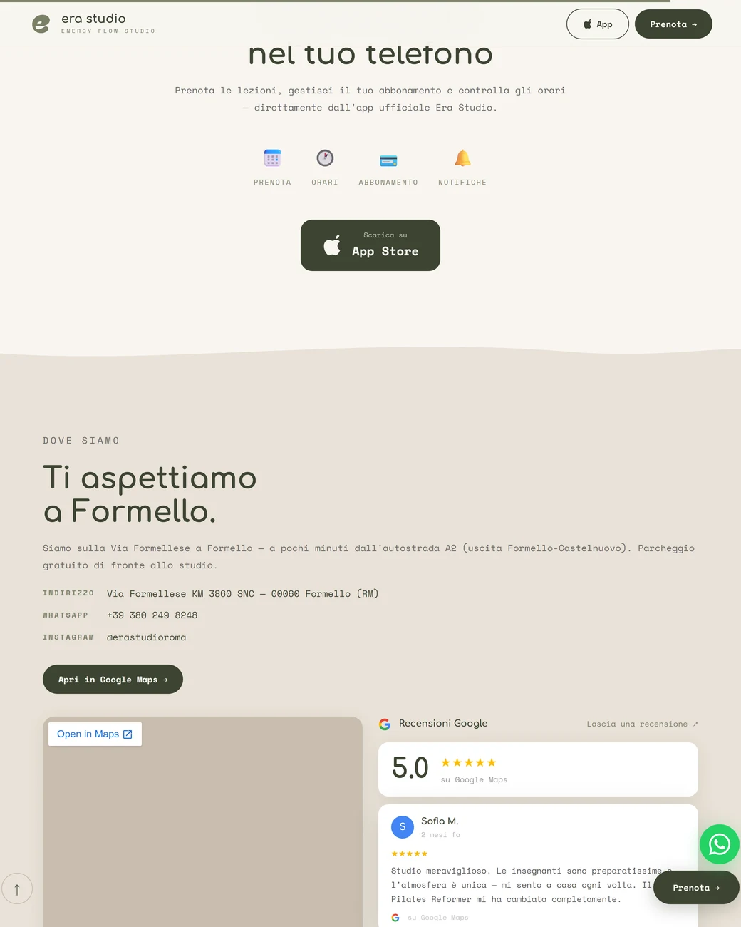 Sezione contatti del sito Era Studio: indirizzo a Formello, mappa e recensioni Google