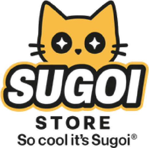 Logo Sugoi Store: gatto giallo con occhi a stella sopra il wordmark SUGOI STORE, tagline "So cool it's Sugoi"